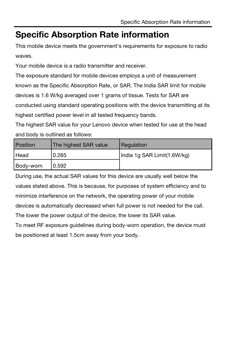 Specific absorption rate information | Lenovo S930 Smartphone User Manual | Page 19 / 20