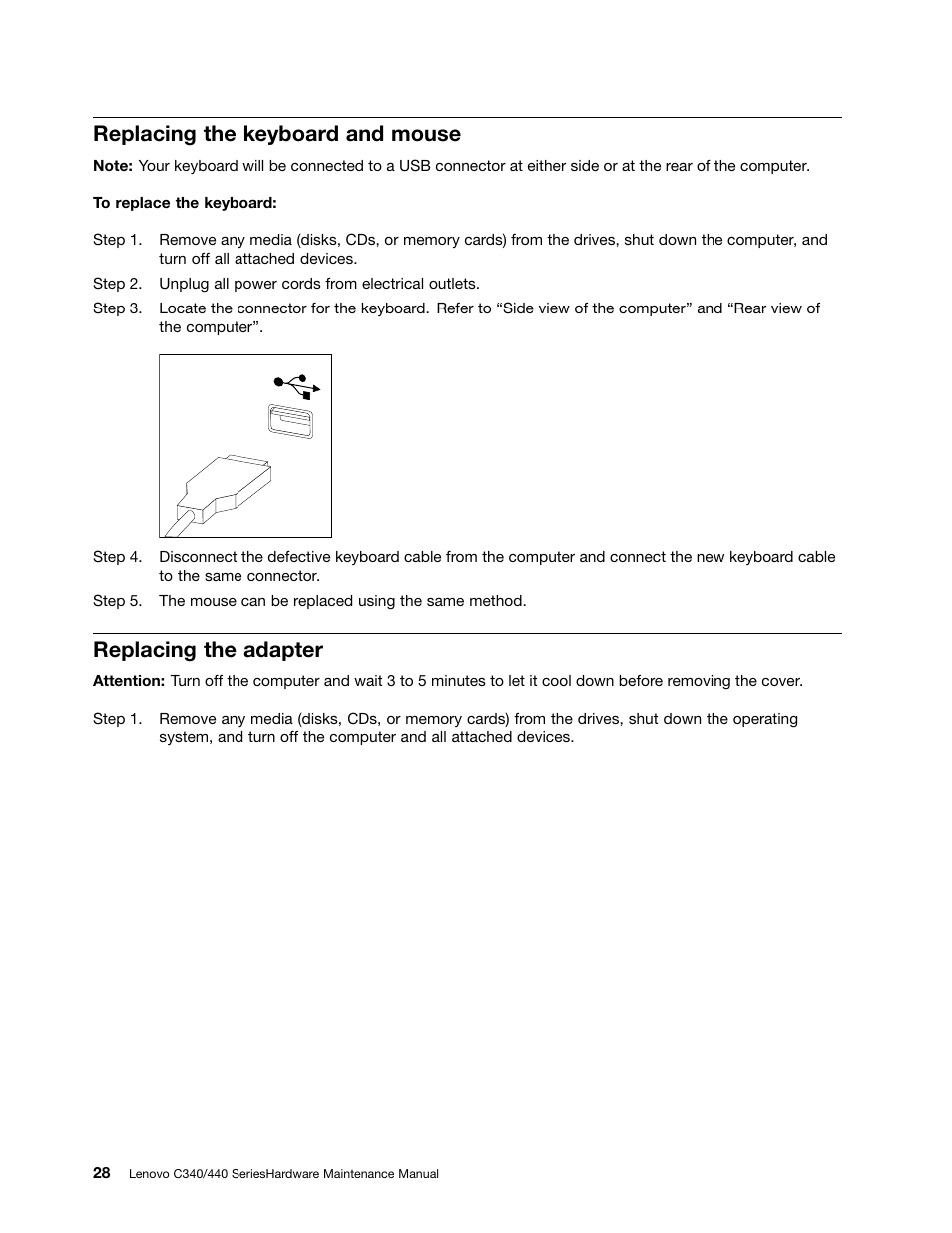 Replacing the keyboard and mouse, Replacing the adapter | Lenovo C440 All-in-One User Manual | Page 34 / 81