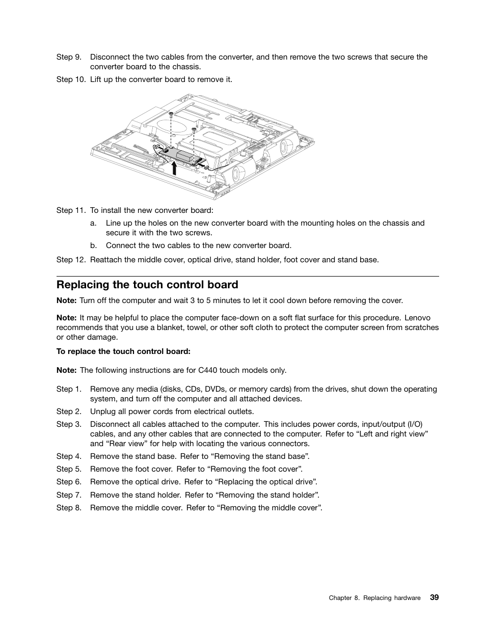 Replacing the touch control board | Lenovo C440 All-in-One User Manual | Page 45 / 81