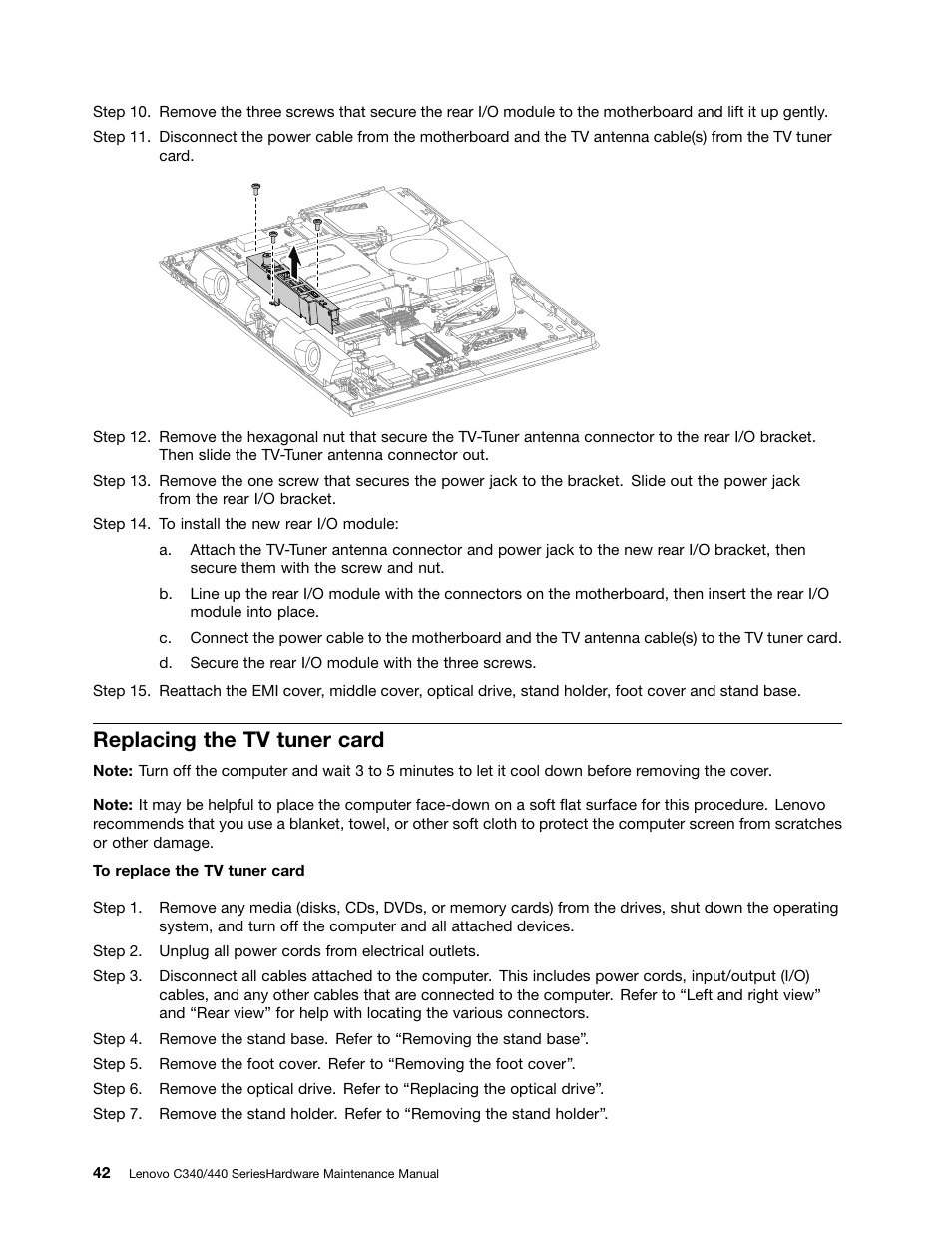 Replacing the tv tuner card | Lenovo C440 All-in-One User Manual | Page 48 / 81