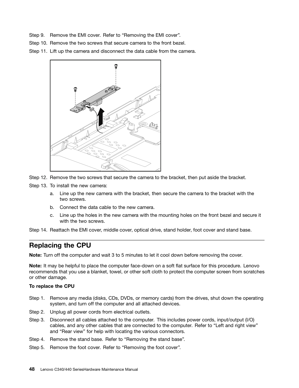 Replacing the cpu | Lenovo C440 All-in-One User Manual | Page 54 / 81