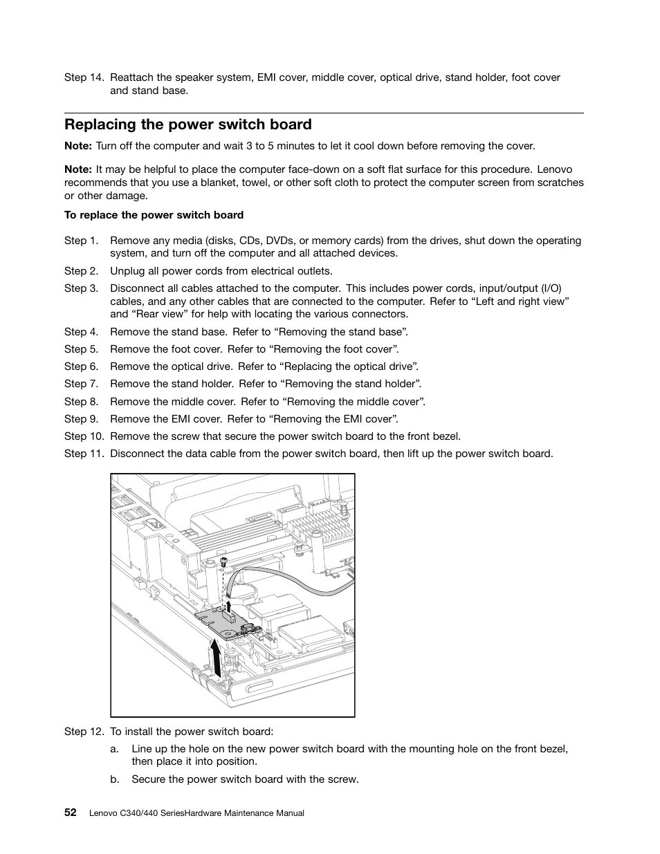 Replacing the power switch board | Lenovo C440 All-in-One User Manual | Page 58 / 81
