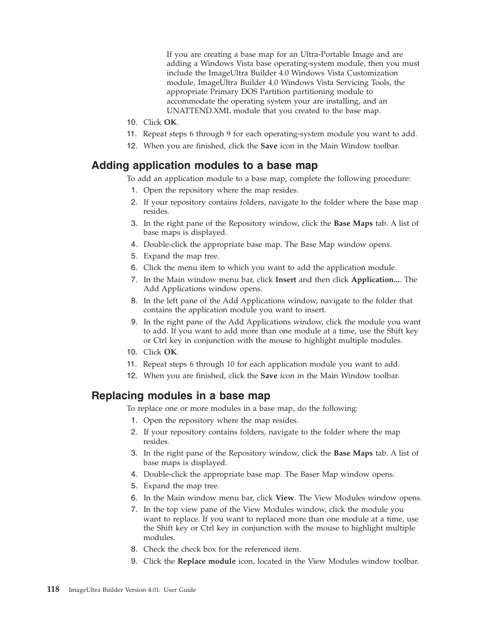 Adding application modules to a base map, Replacing modules in a base map, Adding | Application, Modules, Base, Replacing | Lenovo ThinkPad R400 User Manual | Page 132 / 220