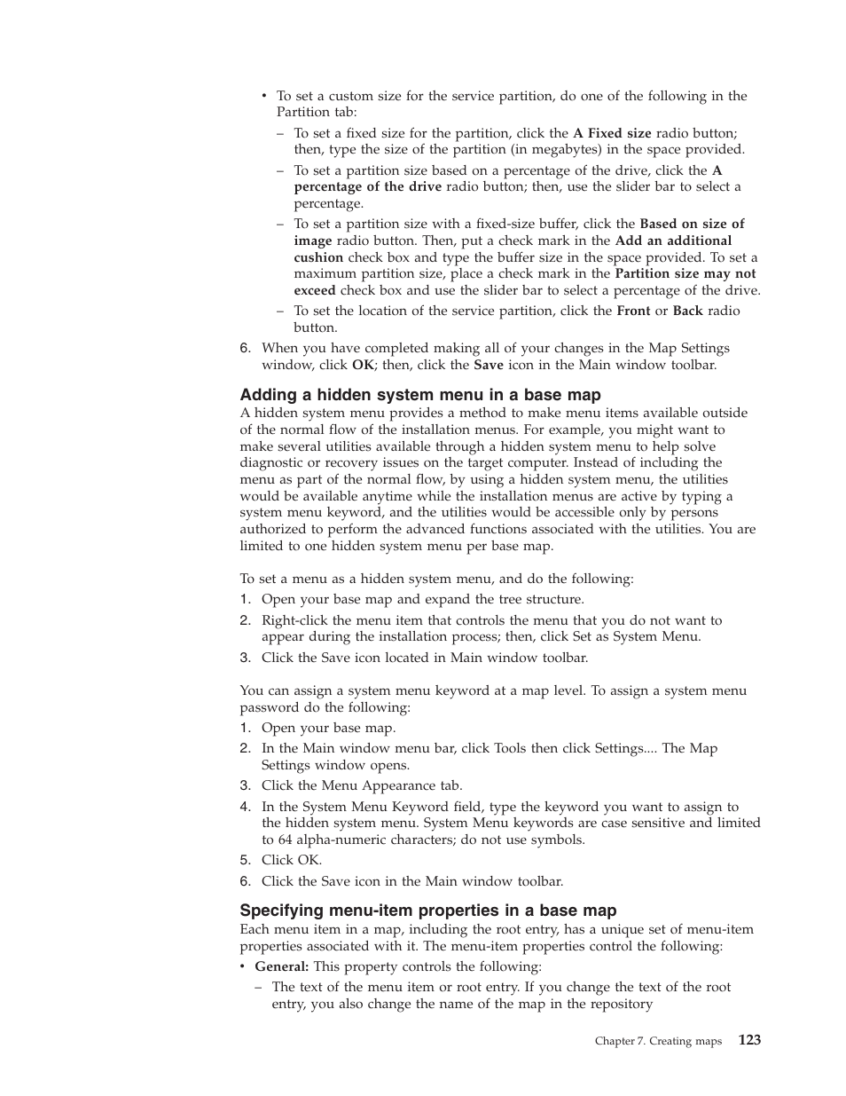 Adding a hidden system menu in a base map, Specifying menu-item properties in a base map, Adding | Hidden, System, Menu, Base, Specifying, Menu-item, Properties | Lenovo ThinkPad R400 User Manual | Page 137 / 220