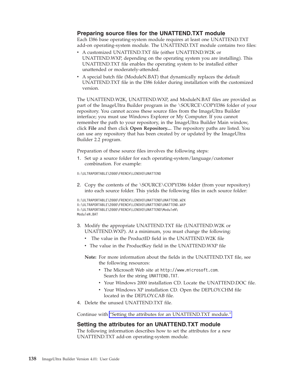 Preparing source files for the unattend.txt module, Setting the attributes for an unattend.txt module, Setting | Attributes, Unattend.txt, Module, Preparing, Source, Files | Lenovo ThinkPad R400 User Manual | Page 152 / 220