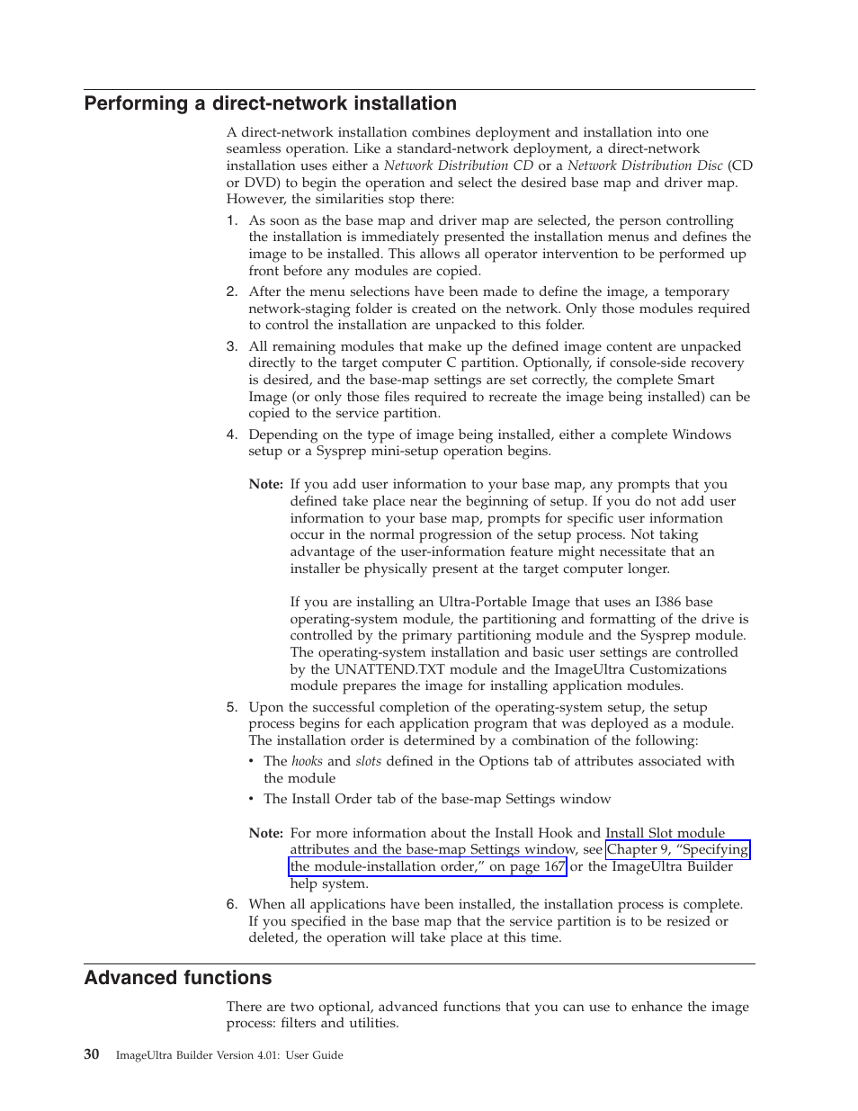 Performing a direct-network installation, Advanced functions, Performing | Direct-network, Installation, Advanced, Functions | Lenovo ThinkPad R400 User Manual | Page 44 / 220