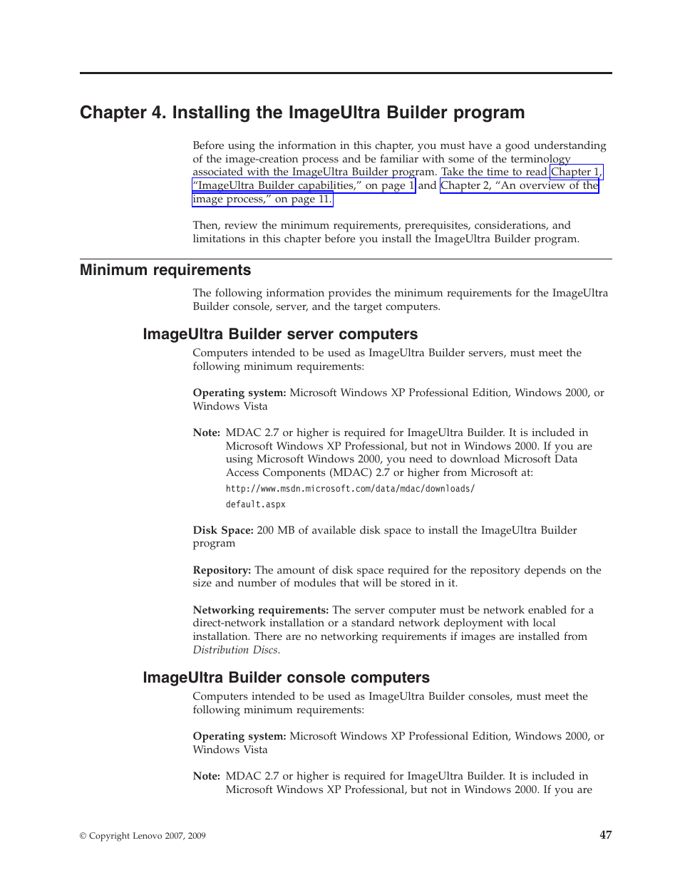 Minimum requirements, Imageultra builder server computers, Imageultra builder console computers | Chapter, Installing, Imageultra, Builder, Program, Minimum, Requirements | Lenovo ThinkPad R400 User Manual | Page 61 / 220