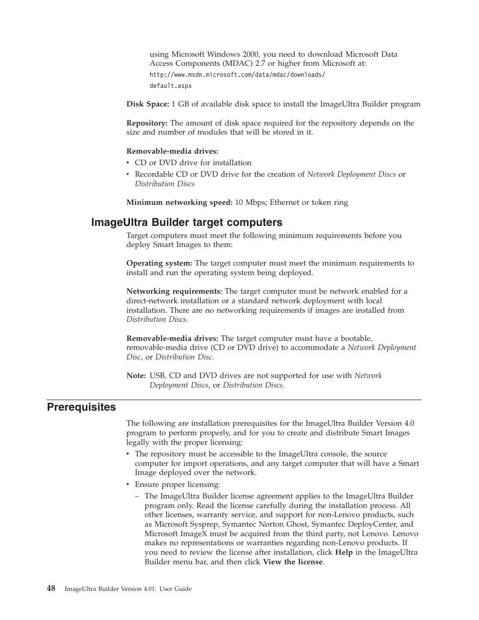 Imageultra builder target computers, Prerequisites, Imageultra | Builder, Target, Computers | Lenovo ThinkPad R400 User Manual | Page 62 / 220