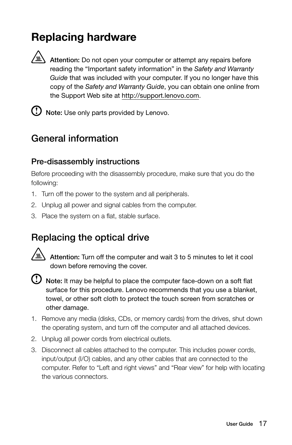 Replacing hardware, General information, Replacing the optical drive | Lenovo C245 All-in-One User Manual | Page 22 / 29