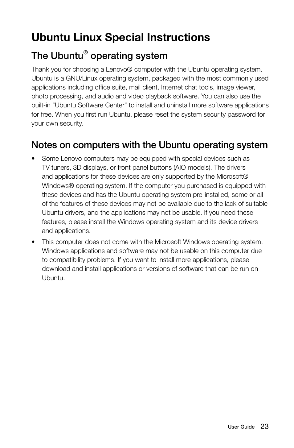 Ubuntu linux special instructions, The ubuntu, Operating system | Lenovo C245 All-in-One User Manual | Page 28 / 29