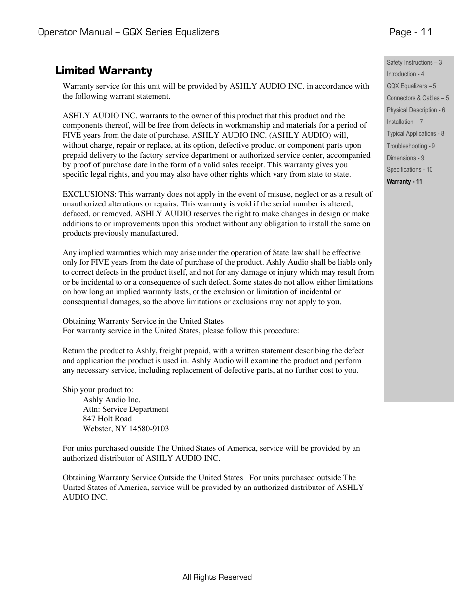 Limited warranty, Operator manual – gqx series equalizers page - 11 | Ashly GQX-3102 User Manual | Page 11 / 12