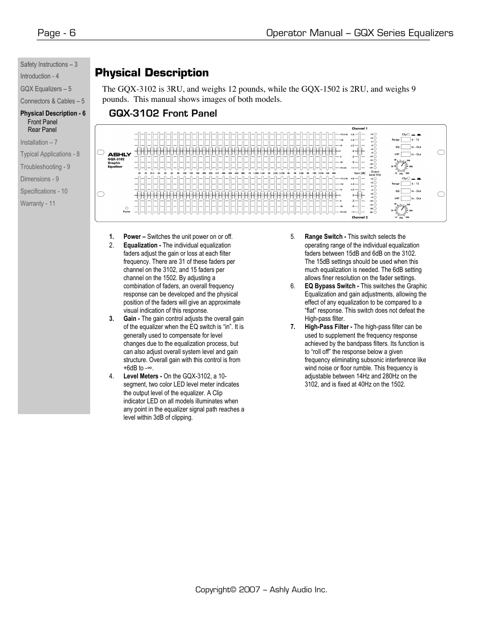 Physical description, Page - 6 operator manual – gqx series equalizers, Gqx-3102 front panel | Ashly GQX-3102 User Manual | Page 6 / 12