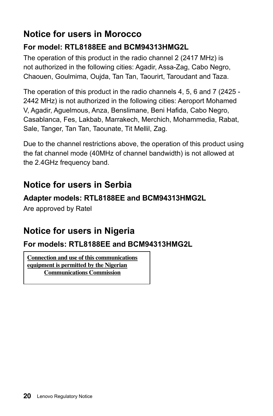 Notice for users in morocco, Notice for users in serbia, Notice for users in nigeria | Lenovo H505 Desktop User Manual | Page 21 / 23