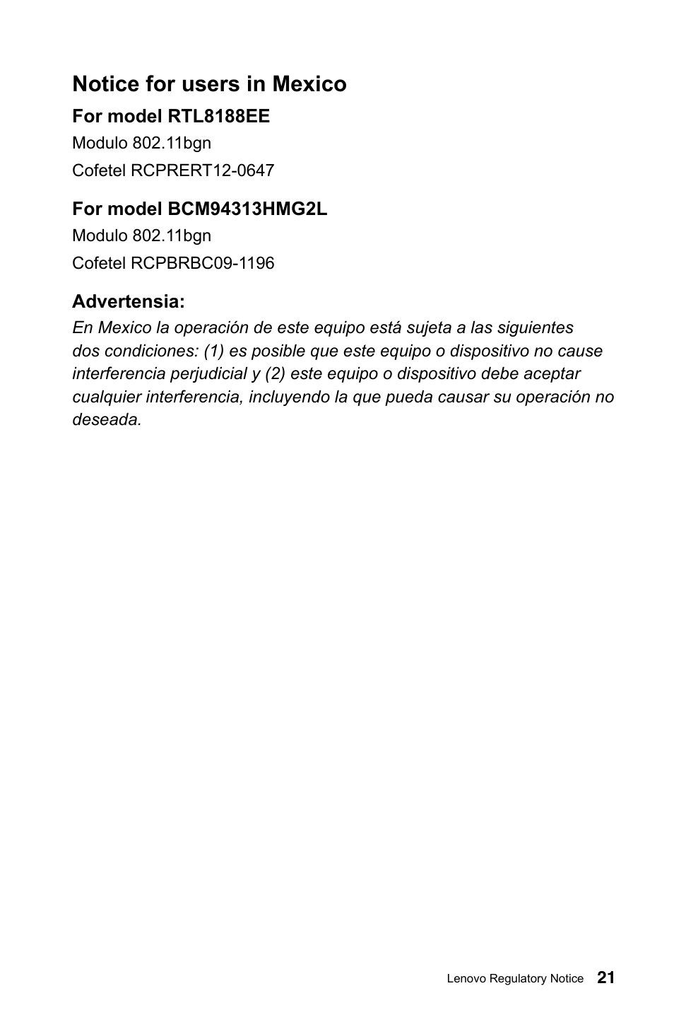 Notice for users in mexico | Lenovo H505 Desktop User Manual | Page 22 / 23