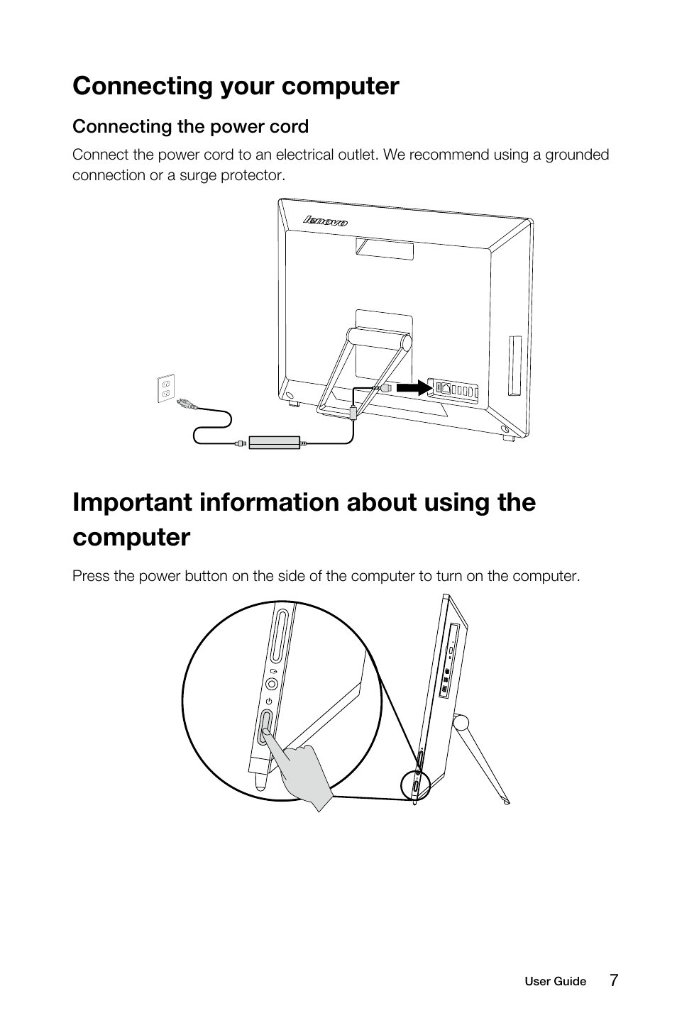 Connecting your computer, Important information about using the computer | Lenovo S40-40 All-in-One User Manual | Page 12 / 65