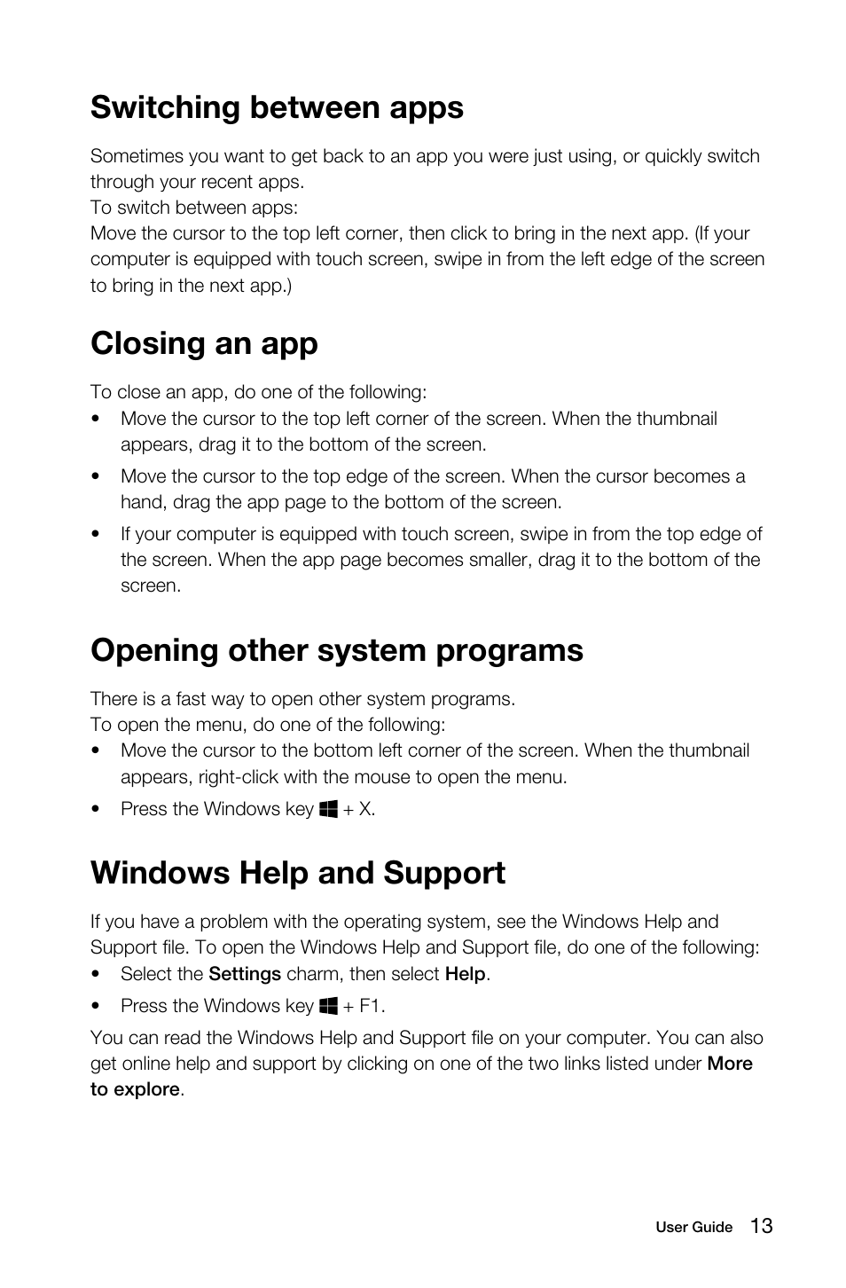 Switching between apps, Closing an app, Opening other system programs | Windows help and support | Lenovo S40-40 All-in-One User Manual | Page 18 / 65