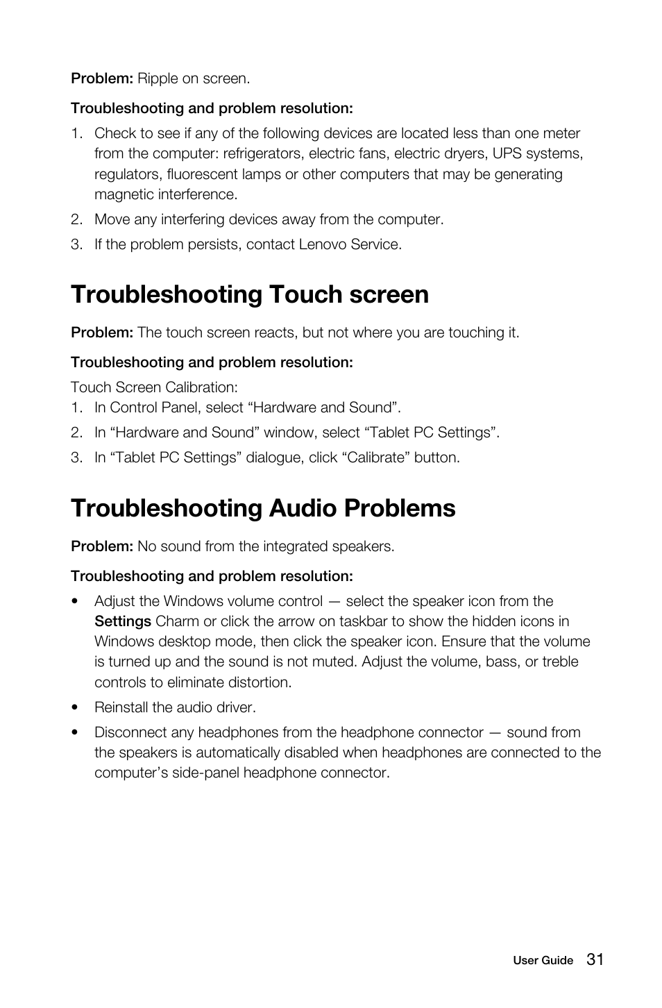 Troubleshooting touch screen, Troubleshooting audio problems | Lenovo S40-40 All-in-One User Manual | Page 36 / 65