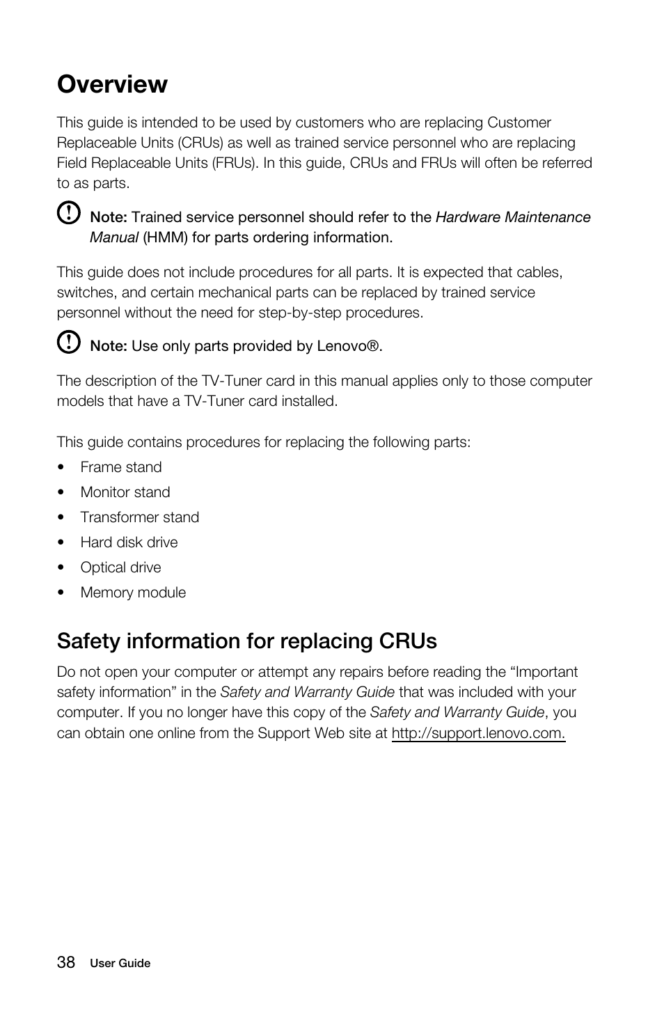 Overview, Safety information for replacing crus | Lenovo S40-40 All-in-One User Manual | Page 43 / 65