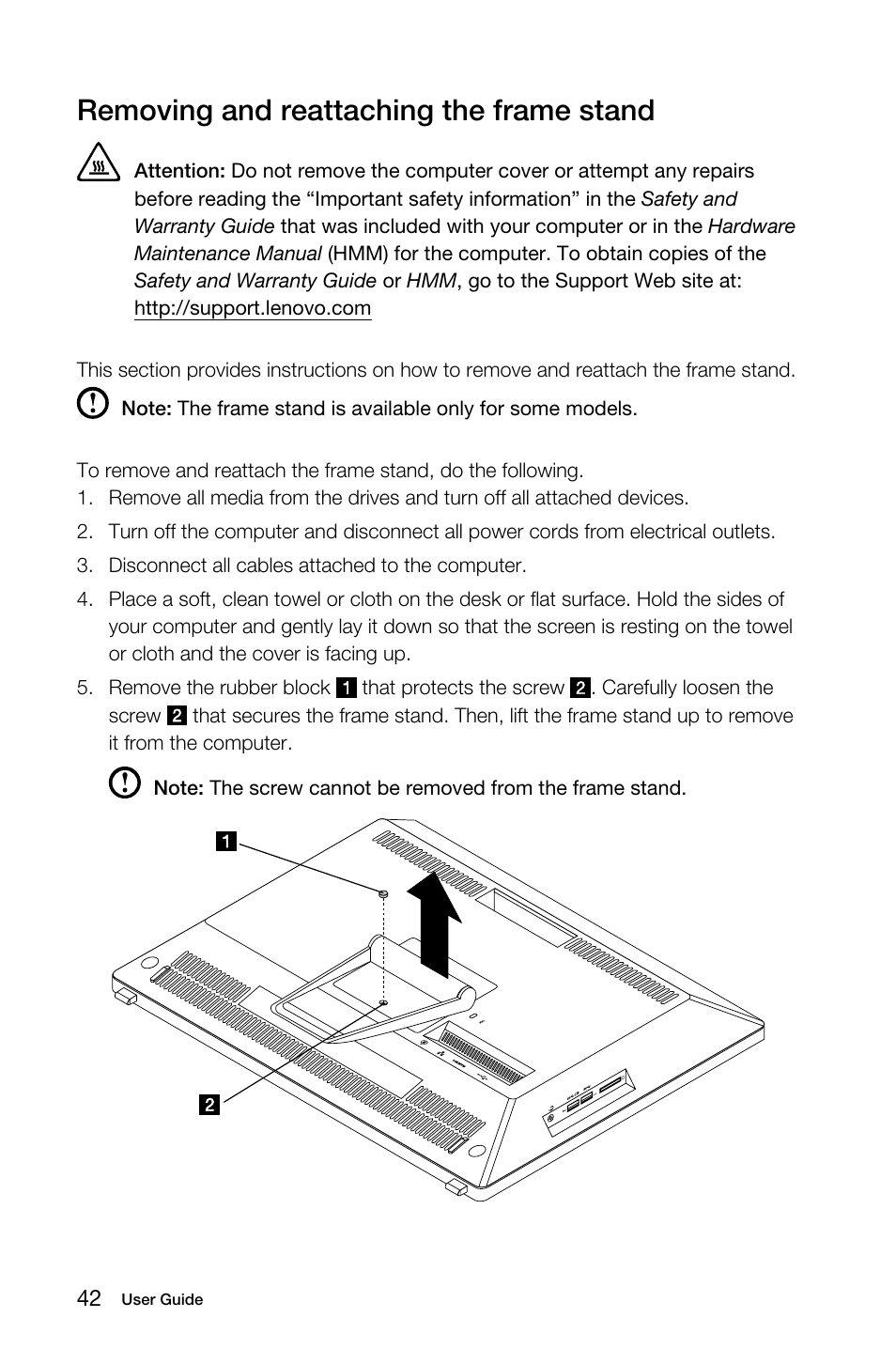 Removing and reattaching the frame stand | Lenovo S40-40 All-in-One User Manual | Page 47 / 65