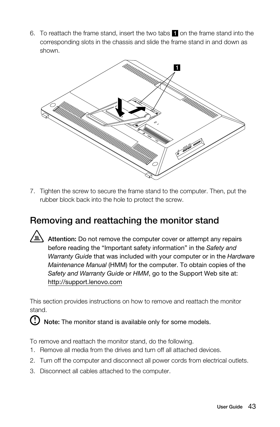 Removing and reattaching the monitor stand | Lenovo S40-40 All-in-One User Manual | Page 48 / 65