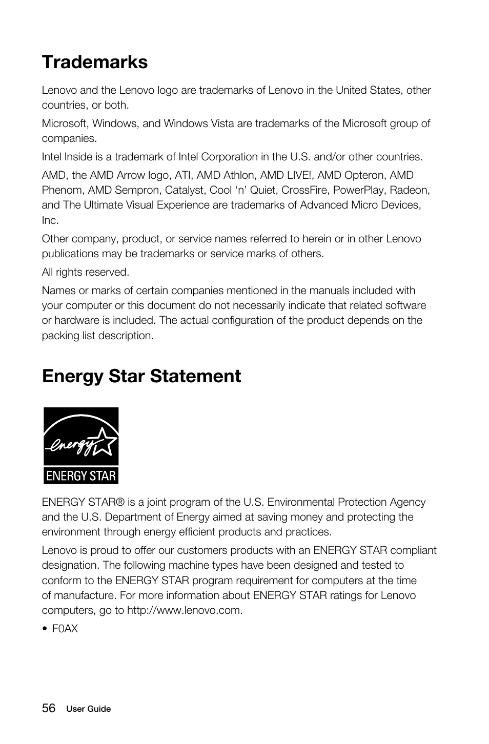 Trademarks, Energy star statement | Lenovo S40-40 All-in-One User Manual | Page 61 / 65