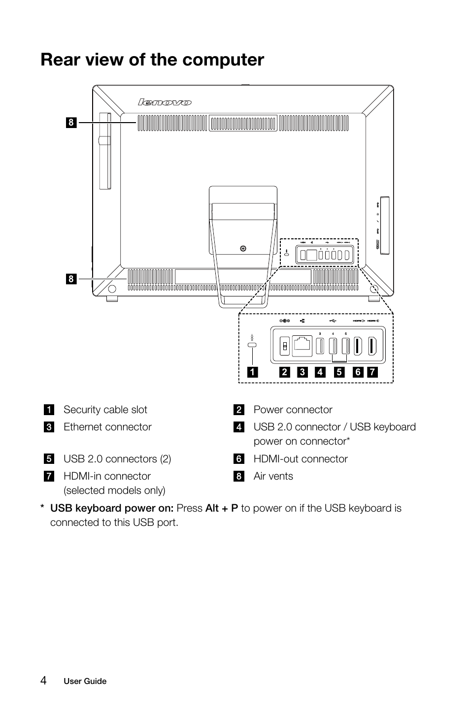 Rear view of the computer | Lenovo S40-40 All-in-One User Manual | Page 9 / 65