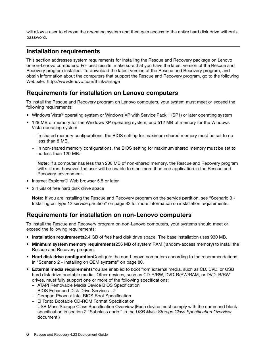 Installation requirements, Requirements for installation on lenovo computers | Lenovo ThinkPad Edge 15 User Manual | Page 14 / 172