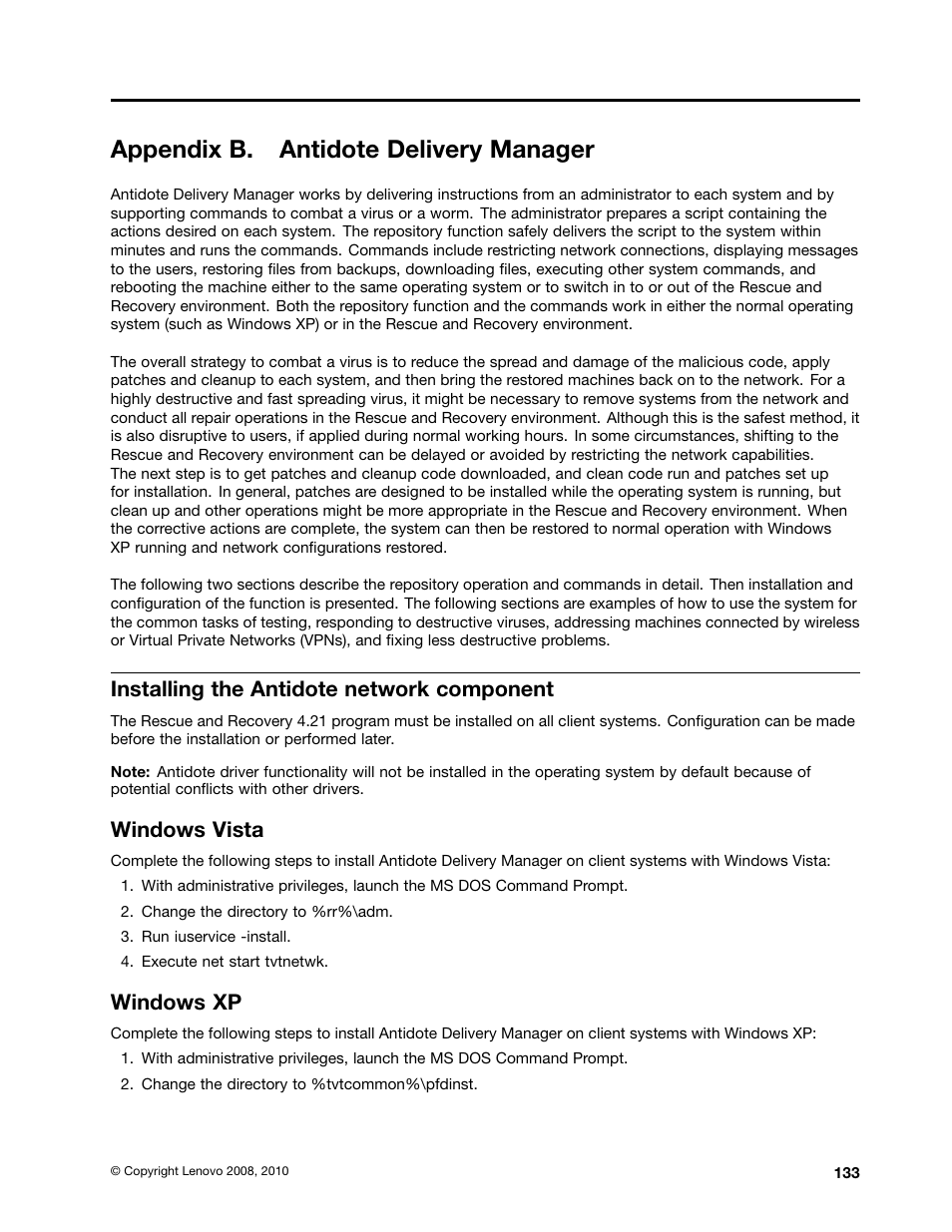 Appendix b. antidote delivery manager, Installing the antidote network component, Windows vista | Windows xp | Lenovo ThinkPad Edge 15 User Manual | Page 141 / 172
