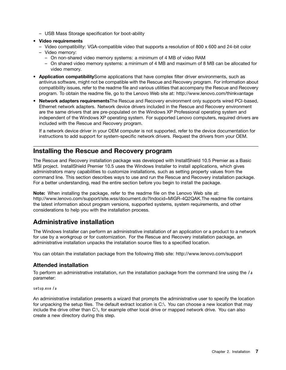 Installing the rescue and recovery program, Administrative installation | Lenovo ThinkPad Edge 15 User Manual | Page 15 / 172