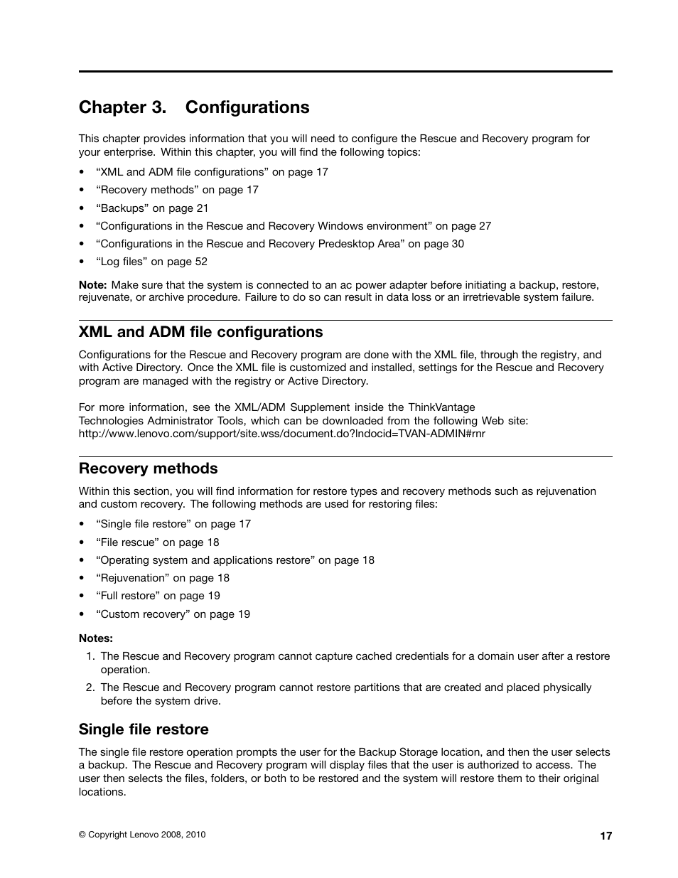 Chapter 3. configurations, Xml and adm file configurations, Recovery methods | Single file restore | Lenovo ThinkPad Edge 15 User Manual | Page 25 / 172