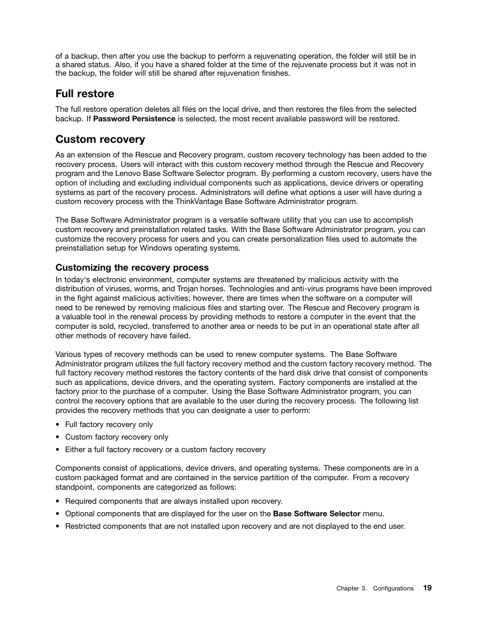 Full restore, Custom recovery | Lenovo ThinkPad Edge 15 User Manual | Page 27 / 172