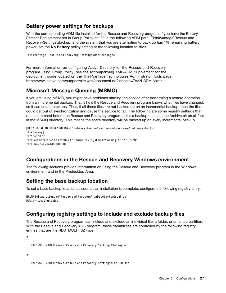 Battery power settings for backups, Microsoft message queuing (msmq), Setting the base backup location | Lenovo ThinkPad Edge 15 User Manual | Page 35 / 172