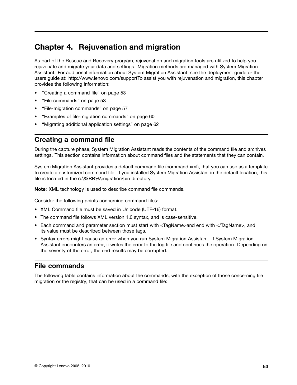 Chapter 4. rejuvenation and migration, Creating a command file, File commands | Lenovo ThinkPad Edge 15 User Manual | Page 61 / 172