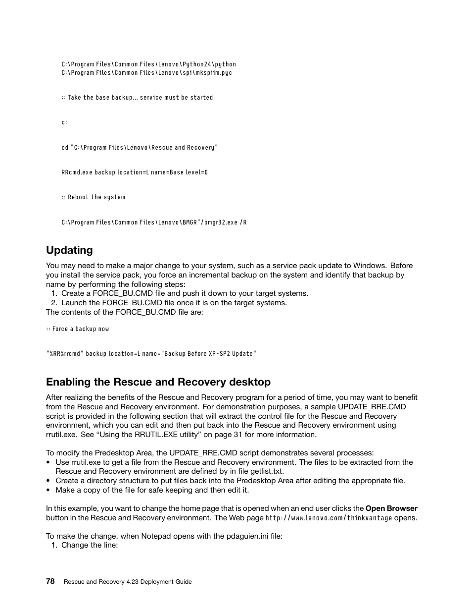 Updating, Enabling the rescue and recovery desktop | Lenovo ThinkPad Edge 15 User Manual | Page 86 / 172