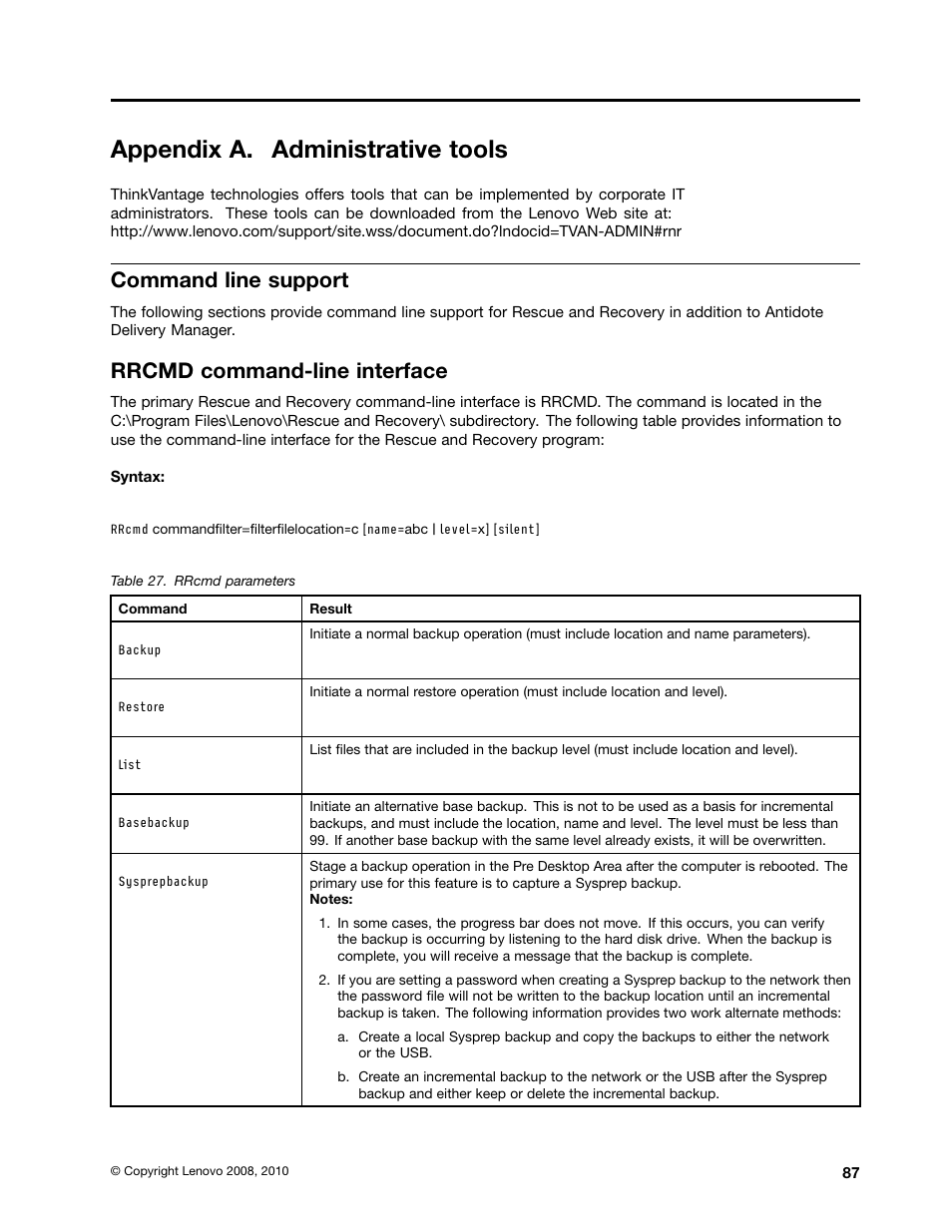 Appendix a. administrative tools, Command line support, Rrcmd command-line interface | Lenovo ThinkPad Edge 15 User Manual | Page 95 / 172