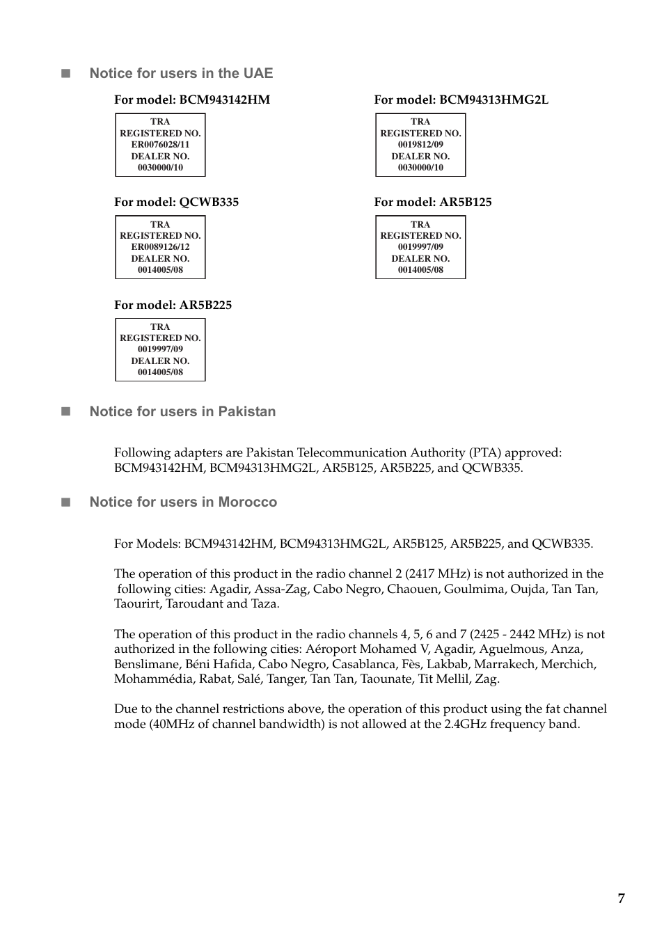 7 notice for users in the uae, Notice for users in pakistan, Notice for users in morocco | Lenovo IdeaPad S510p Touch Notebook User Manual | Page 7 / 13