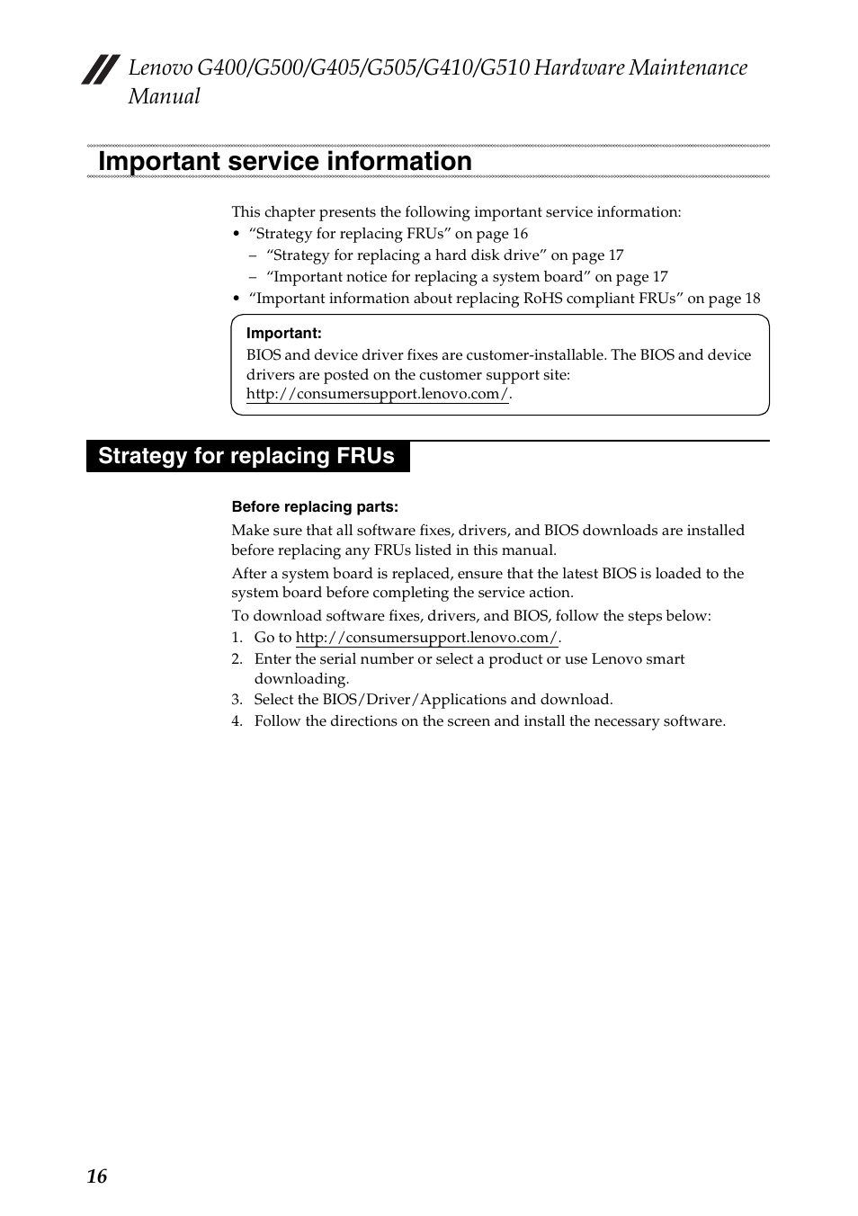 Important service information, Strategy for replacing frus | Lenovo G505 Notebook User Manual | Page 20 / 108