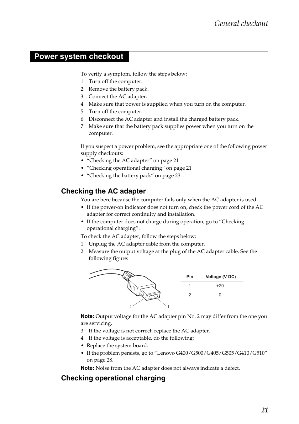 Power system checkout, Checking the ac adapter, Checking operational charging | General checkout | Lenovo G505 Notebook User Manual | Page 25 / 108