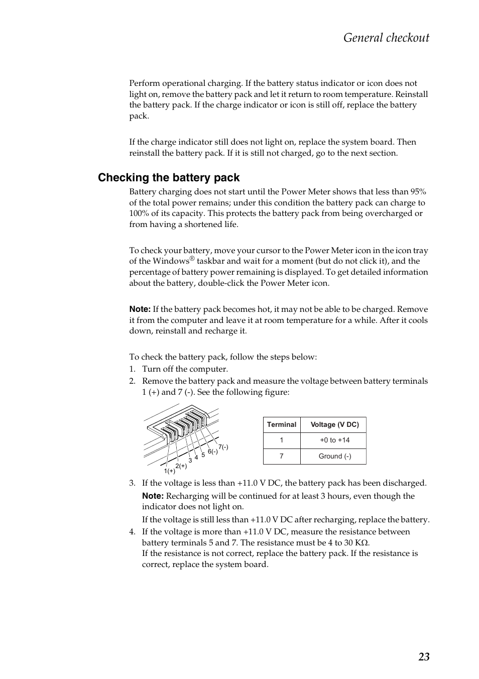 Checking the battery pack, General checkout | Lenovo G505 Notebook User Manual | Page 27 / 108