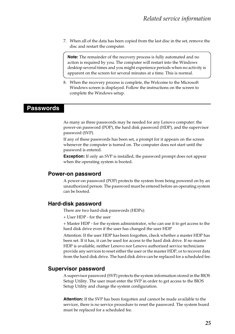 Passwords, Power-on password, Hard-disk password | Supervisor password, Related service information | Lenovo G505 Notebook User Manual | Page 29 / 108