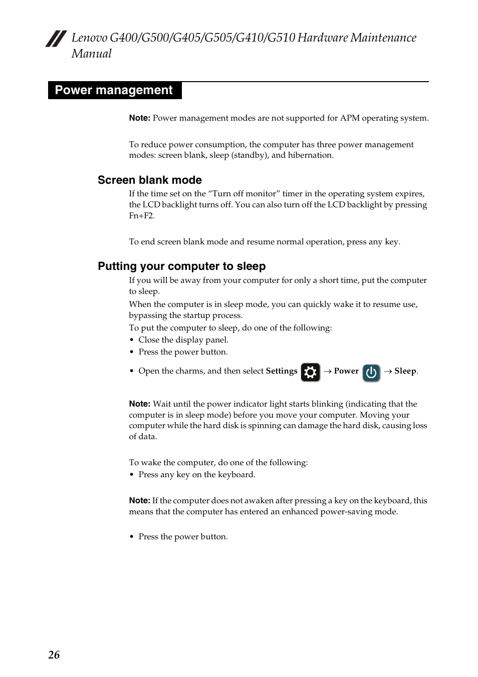 Power management, Screen blank mode, Putting your computer to sleep | Screen blank mode putting your computer to sleep | Lenovo G505 Notebook User Manual | Page 30 / 108