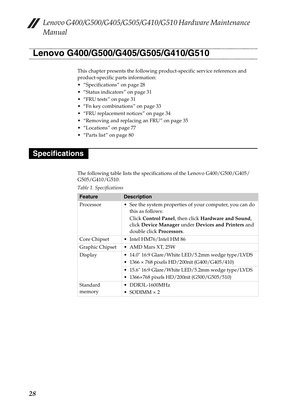 Lenovo g400/g500/g405/g505/g410/g510, Specifications | Lenovo G505 Notebook User Manual | Page 32 / 108