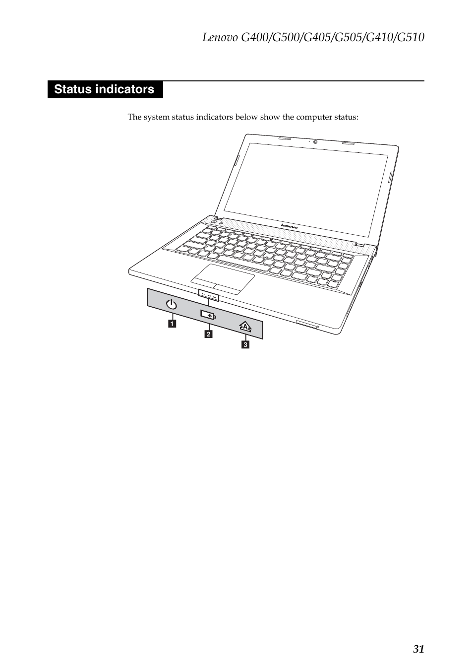 Status indicators | Lenovo G505 Notebook User Manual | Page 35 / 108