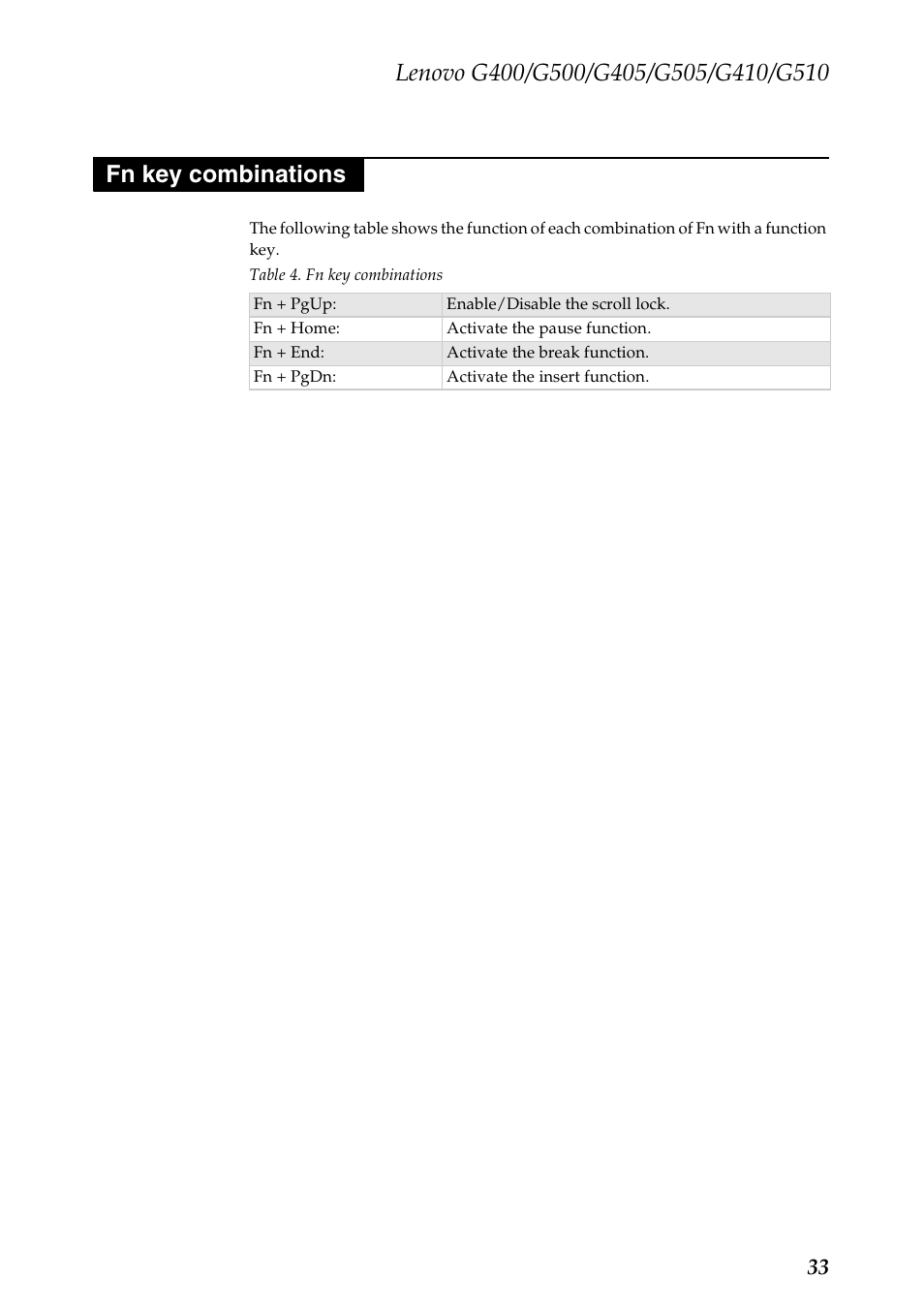 Fn key combinations | Lenovo G505 Notebook User Manual | Page 37 / 108