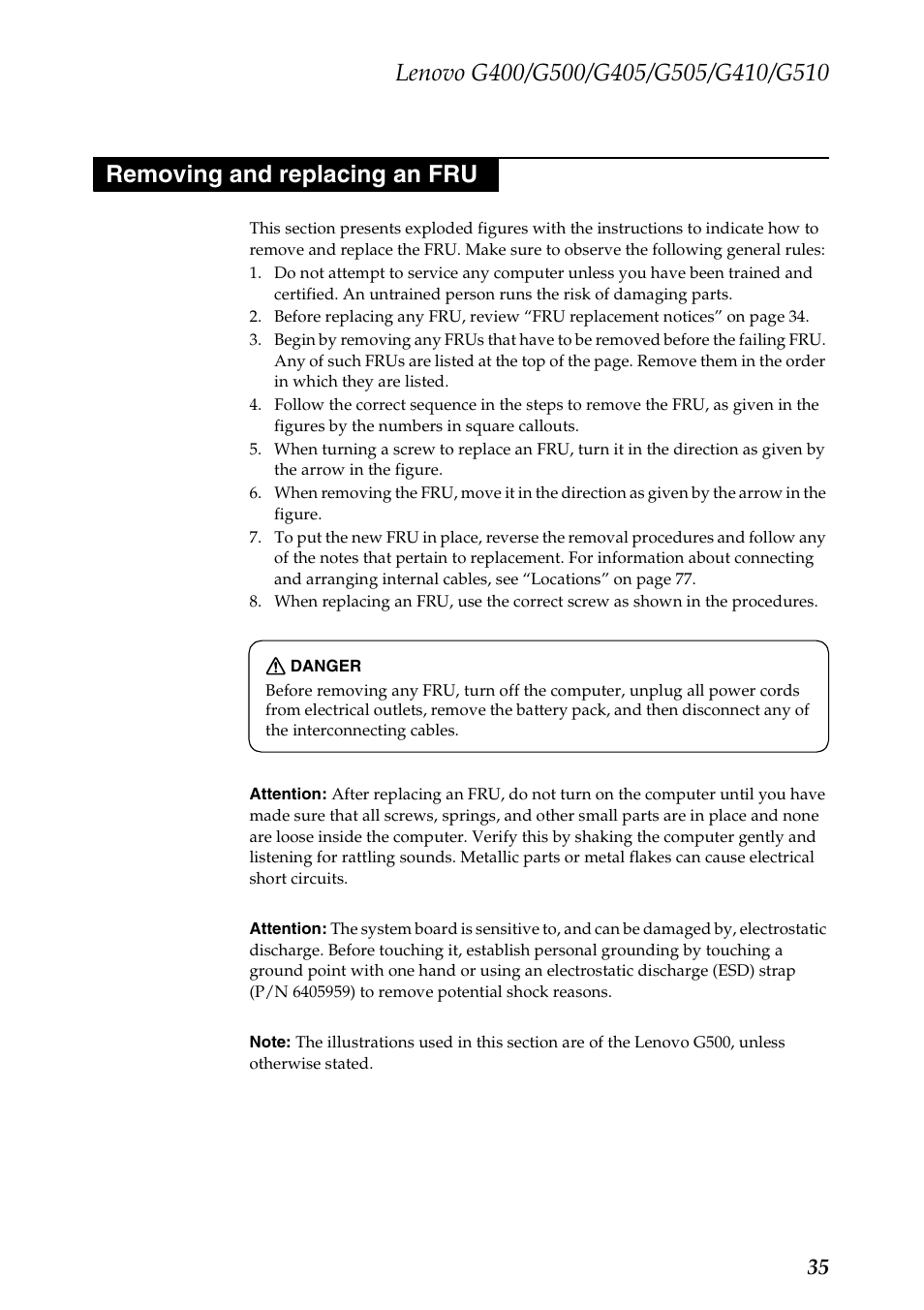 Removing and replacing an fru | Lenovo G505 Notebook User Manual | Page 39 / 108