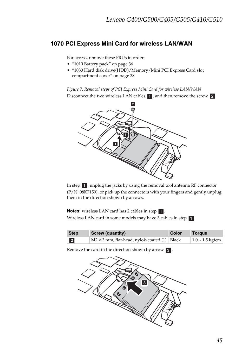 1070 pci express mini card for wireless lan/wan | Lenovo G505 Notebook User Manual | Page 49 / 108