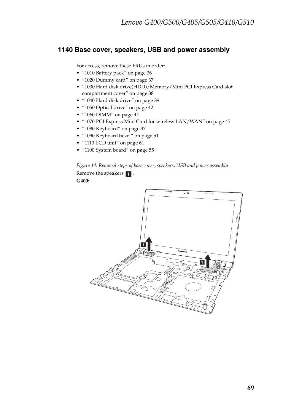 1140 base cover, speakers, usb and power assembly | Lenovo G505 Notebook User Manual | Page 73 / 108