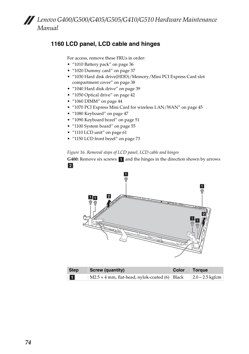 1160 lcd panel, lcd cable and hinges | Lenovo G505 Notebook User Manual | Page 78 / 108