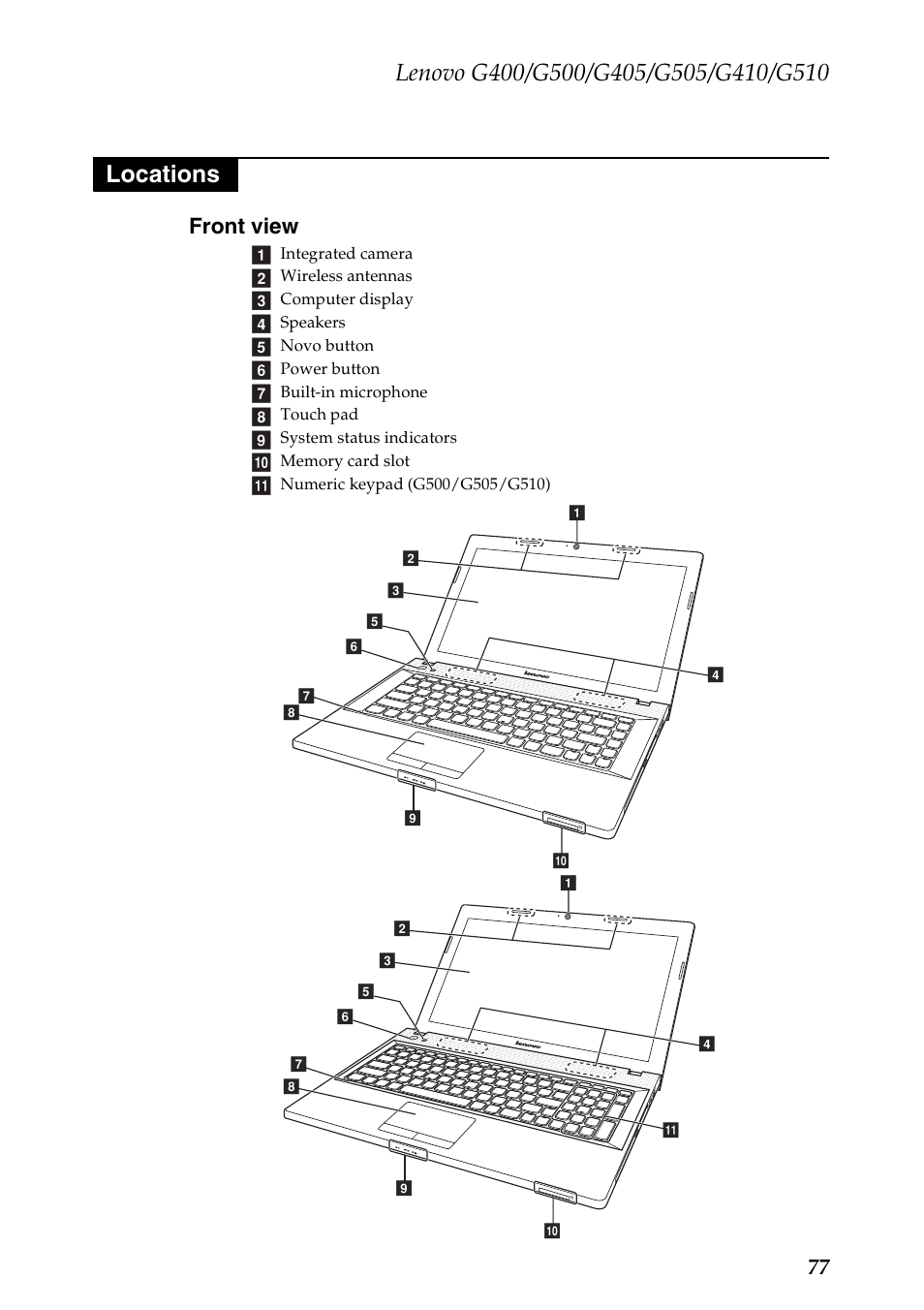 Locations, Front view, 77 front view | Lenovo G505 Notebook User Manual | Page 81 / 108