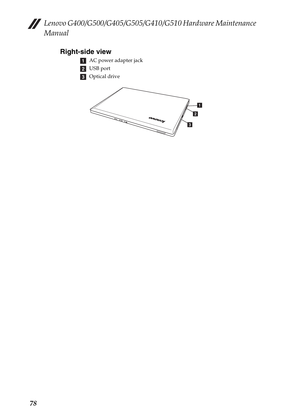 Right-side view, 78 right-side view | Lenovo G505 Notebook User Manual | Page 82 / 108